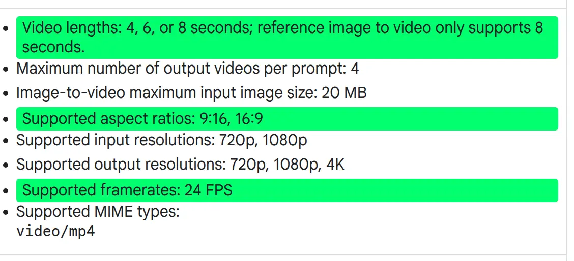Fiche technique officielle de Veo 3.1 : durées de 4, 6 ou 8 secondes, formats 9:16 et 16:9 uniquement, 24 images par seconde, surlignés en vert.