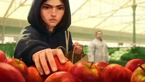 Au marché, la manifestante choisit des pommes