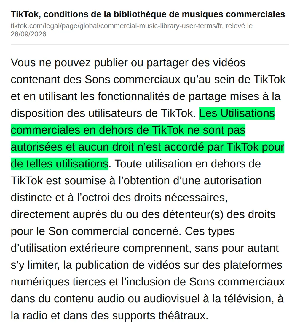 Capture des conditions d'utilisation de la bibliothèque de musiques commerciales de TikTok, avec surlignage vert de la phrase indiquant que les utilisations commerciales en dehors de TikTok ne sont pas autorisées.
