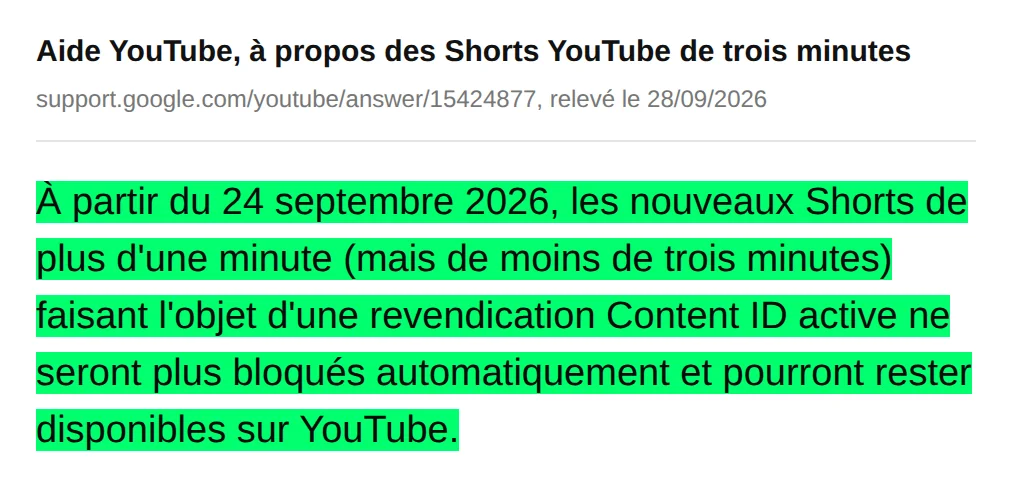 Capture de la page d'aide de YouTube sur les Shorts de trois minutes, avec la phrase annonçant qu'à partir du 24 septembre 2026 les Shorts de plus d'une minute revendiqués ne seront plus bloqués automatiquement, surlignée en vert.